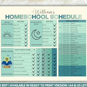 Editable Homeschool Schedule, Homeschool Planner for Kids, Responsibility Chart, Classroom Schedule, Homeschool Checklist,Kids Daily Planner
