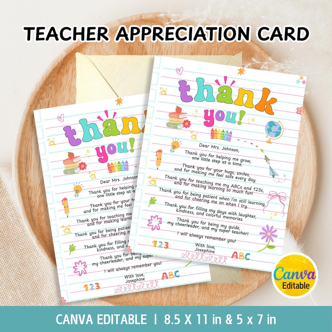 Teacher Appreciation Letter, Kids Teacher Appreciation Card, Thank You ...