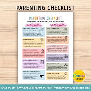 May include: A parenting checklist with daily and weekly goals for emotional connection, communication, routine, and more. The colorful design includes the text "PARENTING CHECKLIST" and "RAISE WITH LOVE, LEAD WITH PATIENCE, GROW TOGETHER EVERY DAY". The bottom of the image says "EASY TO EDIT | AVAILABLE IN READY TO PRINT VERSION | A4 & US LETTER SIZE".
