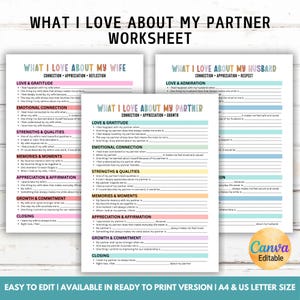 May include: A set of printable worksheets titled "What I Love About My Partner," "What I Love About My Wife," and "What I Love About My Husband." The worksheets are designed for couples to reflect on their relationships. The Canva logo is visible.
