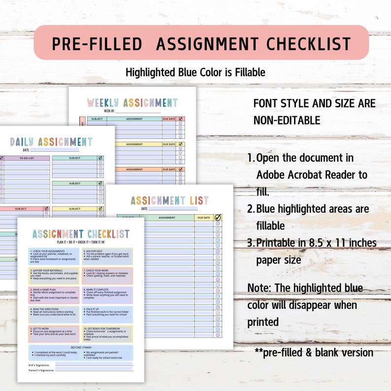 May include: A digital assignment checklist set featuring a pre-filled assignment checklist, weekly assignment, daily assignment, and assignment list. The documents include pastel-colored headers, blue fillable fields, and instructions for 8.5 x 11 inch paper.