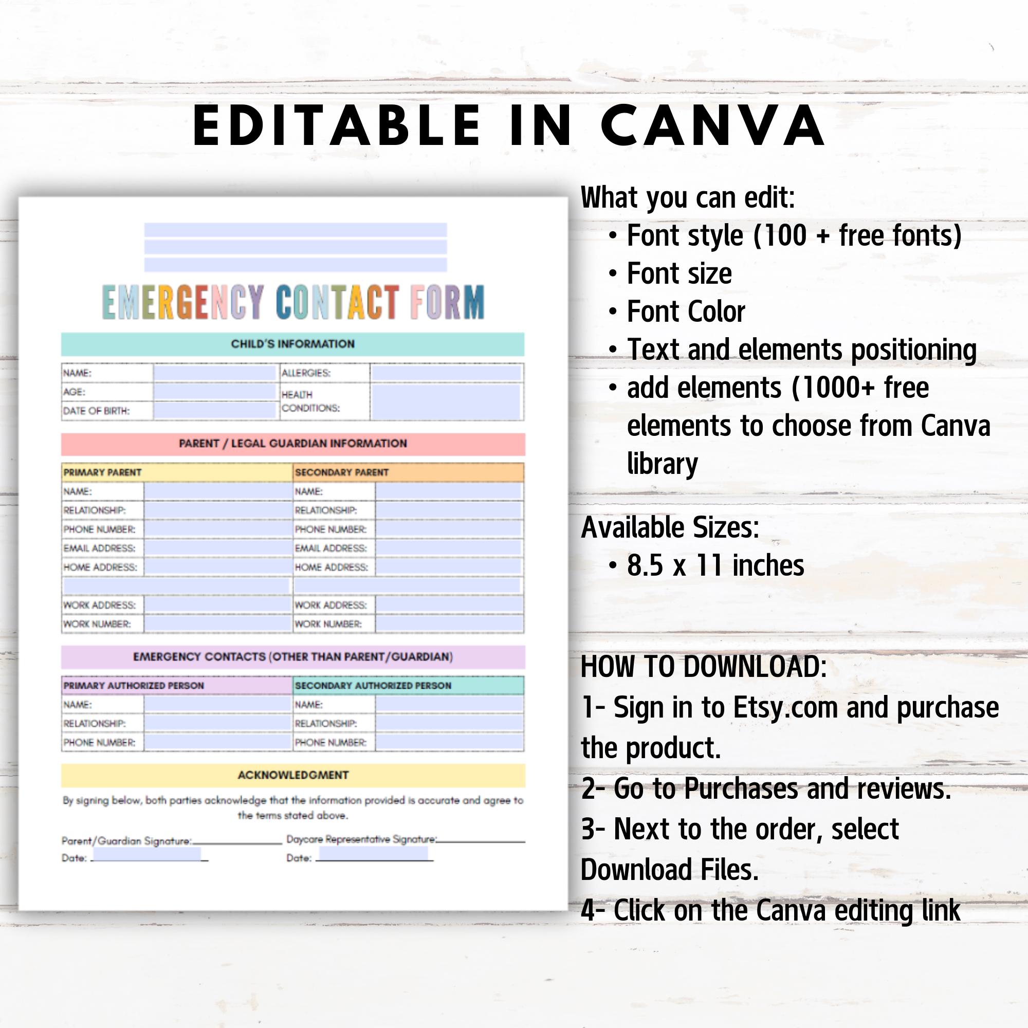 Editable Emergency Contact Form for Daycare, Emergency Information ...