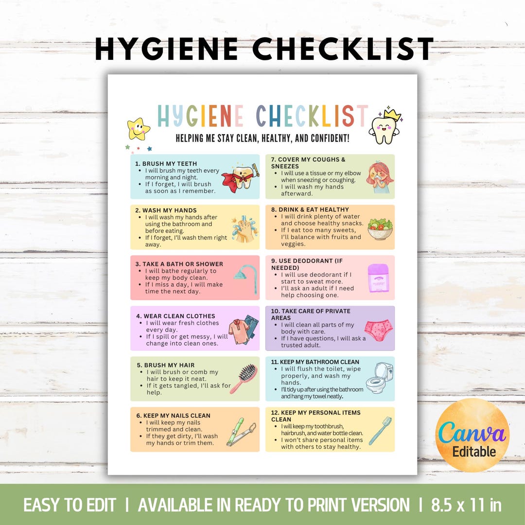 Editable Kids Hygiene Checklist Chart for Kids and Teens, Personal Care