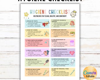 Editable Kids Hygiene Checklist Chart for Kids and Teens, Personal Care Chart, Daily Hygiene Routine Poster, Hygiene Reminders List, Canva