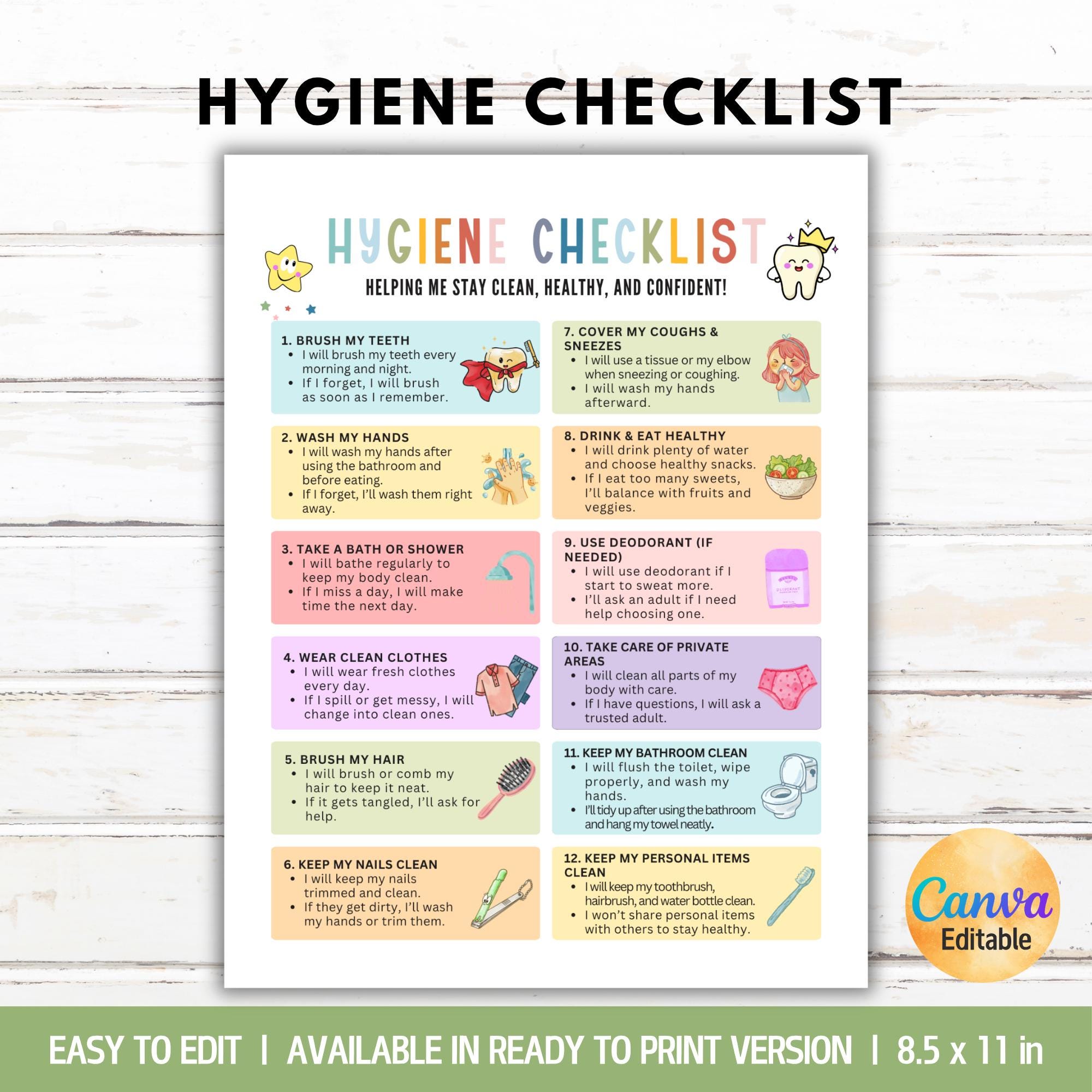 Editable Kids Hygiene Checklist Chart for Kids and Teens, Personal Care ...