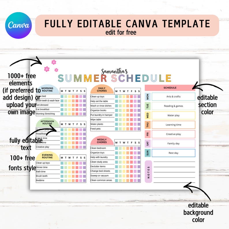 May include: A colorful summer schedule template with the text "Summer Schedule" and "Samantha's" at the top. The template includes sections for daily and weekly chores, and a schedule for activities. The template is fully editable.