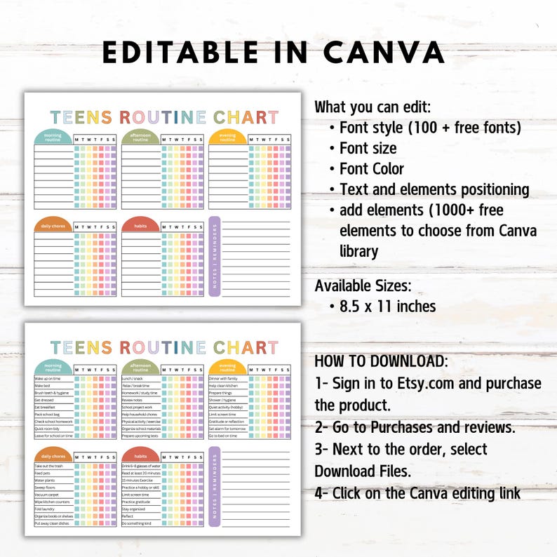 Editable Teens Routine Chart, Teens Chore Chart, Daily Checklist for ...