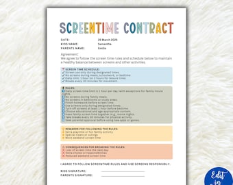 Kids Screentime Contract, Screentime Agreement for Kids, Screentime Usage Tracker, Kids Screentime Schedule, Screentime Rules, Tech Tracker