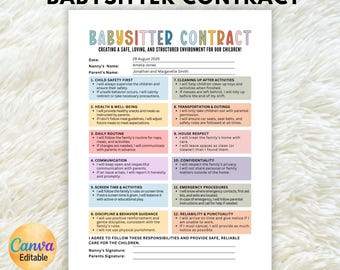Editable Babysitter Contract, Childcare Contract Template, Nanny Contract, Babysitter Agreement, Childcare Agreement, Family Agreement