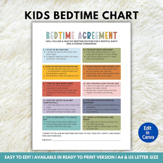 Kids Bedtime Routine Chart, Bedtime Checklist, Bedtime Rules, Night Time Schedule, Sleep Routine Printable, Editable Canva Template