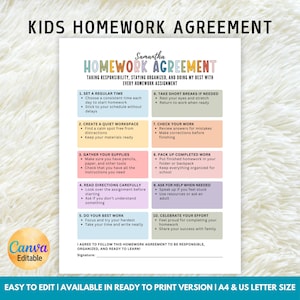 May include: A printable "Kids Homework Agreement" with colorful blocks outlining homework strategies. The document includes the text "Kids Homework Agreement" at the top and is available in A4 and US Letter size.