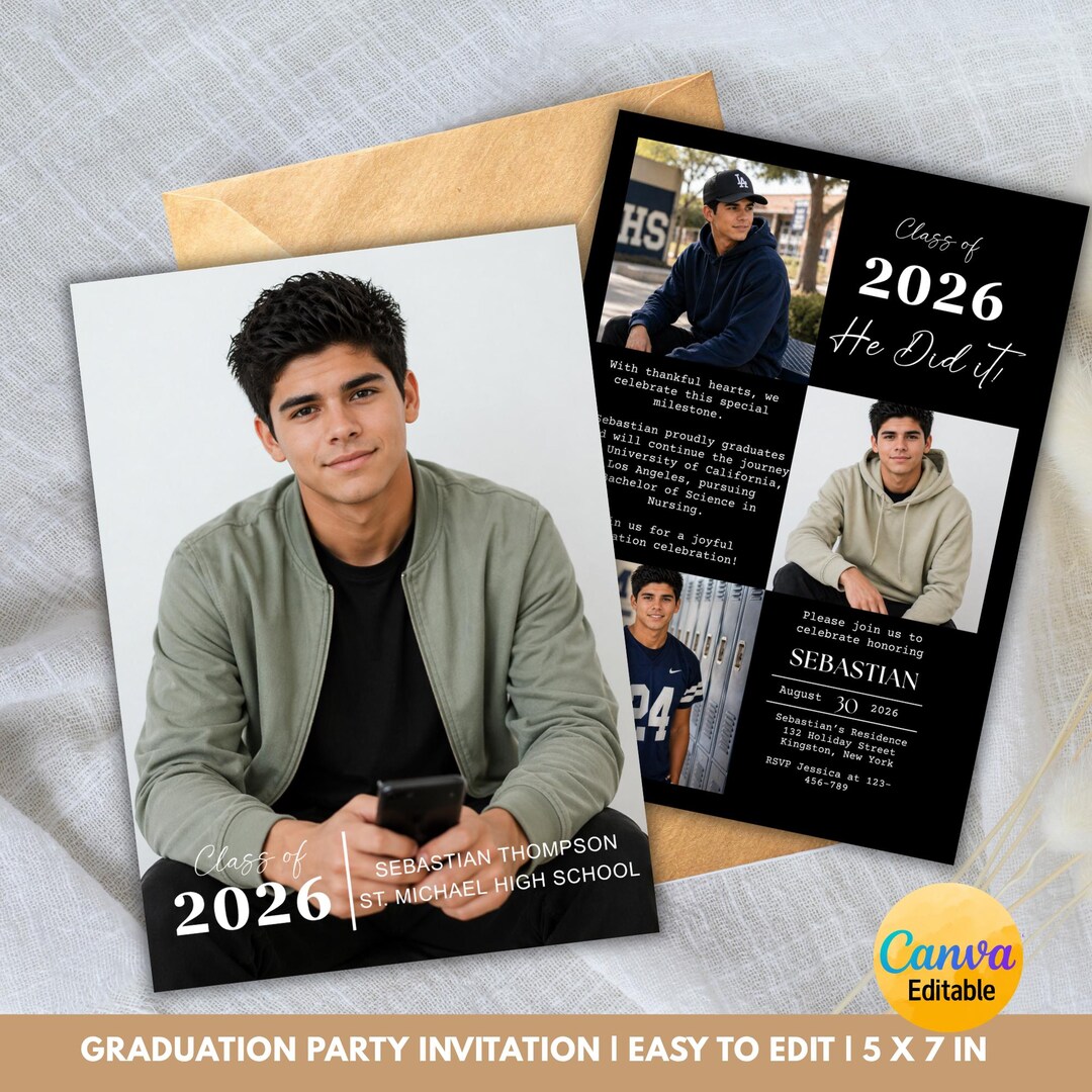 Editable Boys Graduation Party Invitation, Male Graduation Photo Card ...