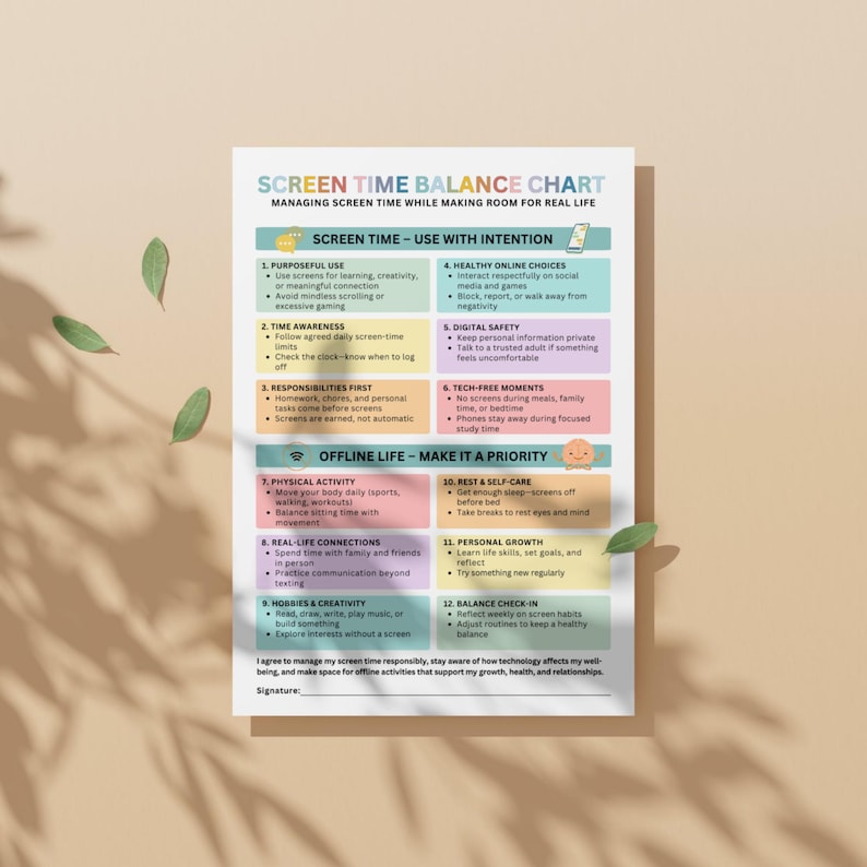 May include: A screen time balance chart with text and bullet points on a white background. The chart includes sections on purposeful use, time awareness, responsibilities, and offline life. Green leaves are scattered around the chart.