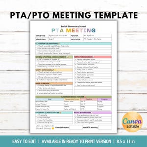 Op de afbeelding: Een witte PTA-vergaderingssjabloon met de tekst "PTA MEETING" en "Enrich Elementary School". De sjabloon bevat secties voor klasvieringen, schoolupdates, discussieonderwerpen en klasdoelen. De sjabloon is 21,59 x 27,94 cm groot.