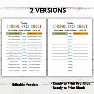 May include: Two printable versions of a positive consequence chart for children. The chart has two columns, one for positive behavior and one for consequences of action. The chart is decorated with colorful stripes and arrows.