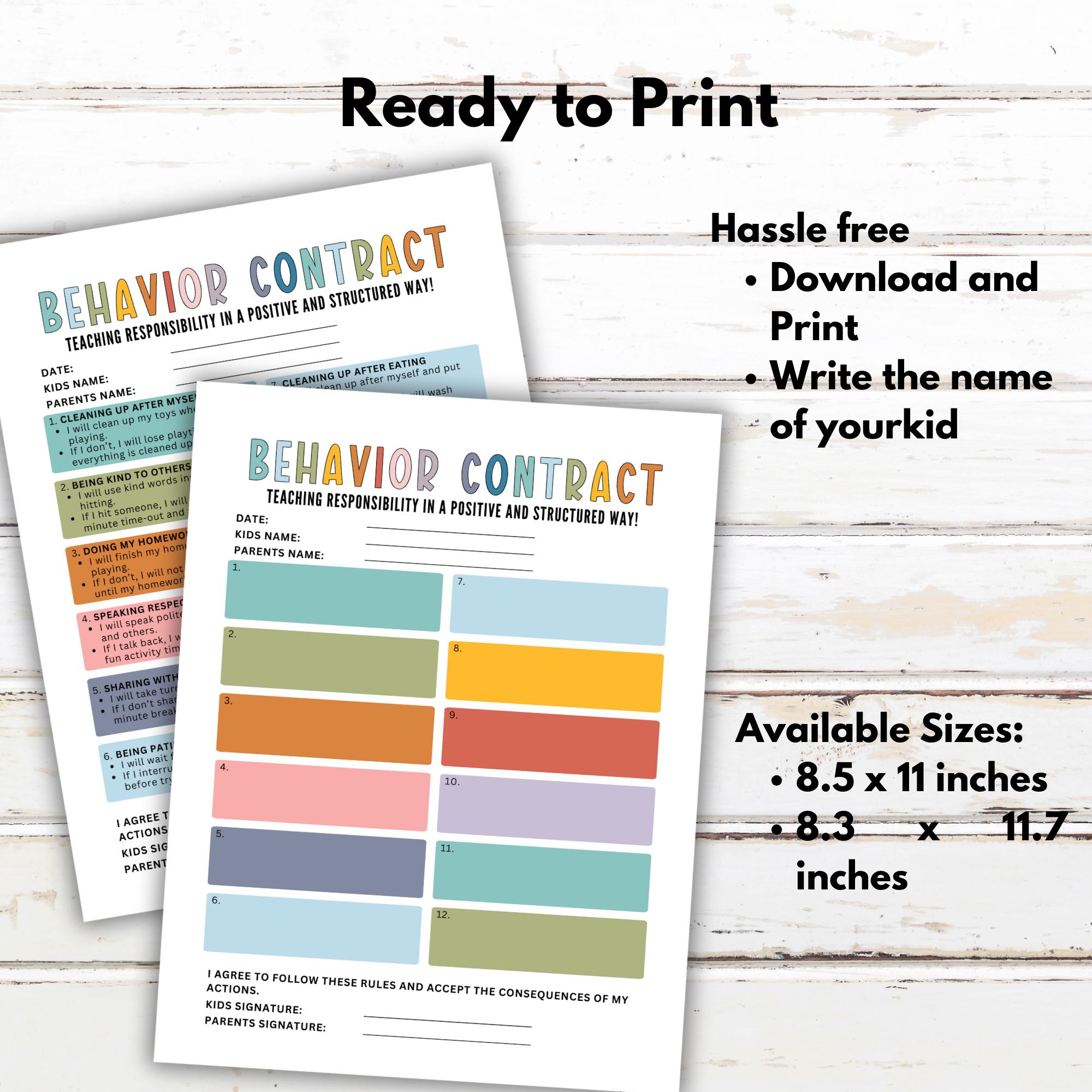 Behavior Contract, Behavior Agreement for Kids, Action Behavior ...