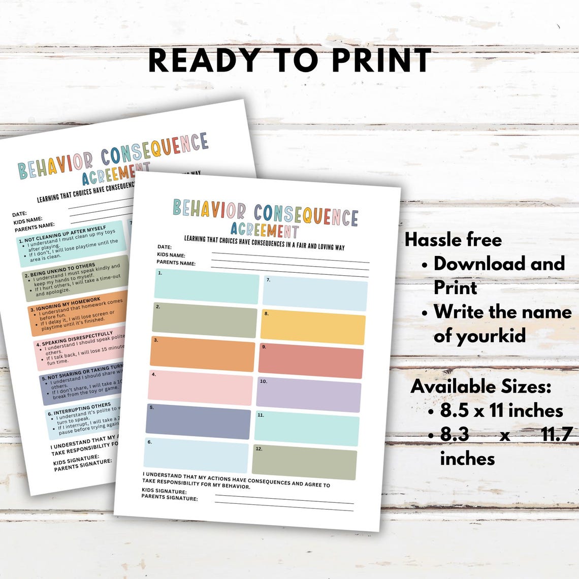 Behavior Consequence Agreement, Kids Behavior Contract, Consequence ...