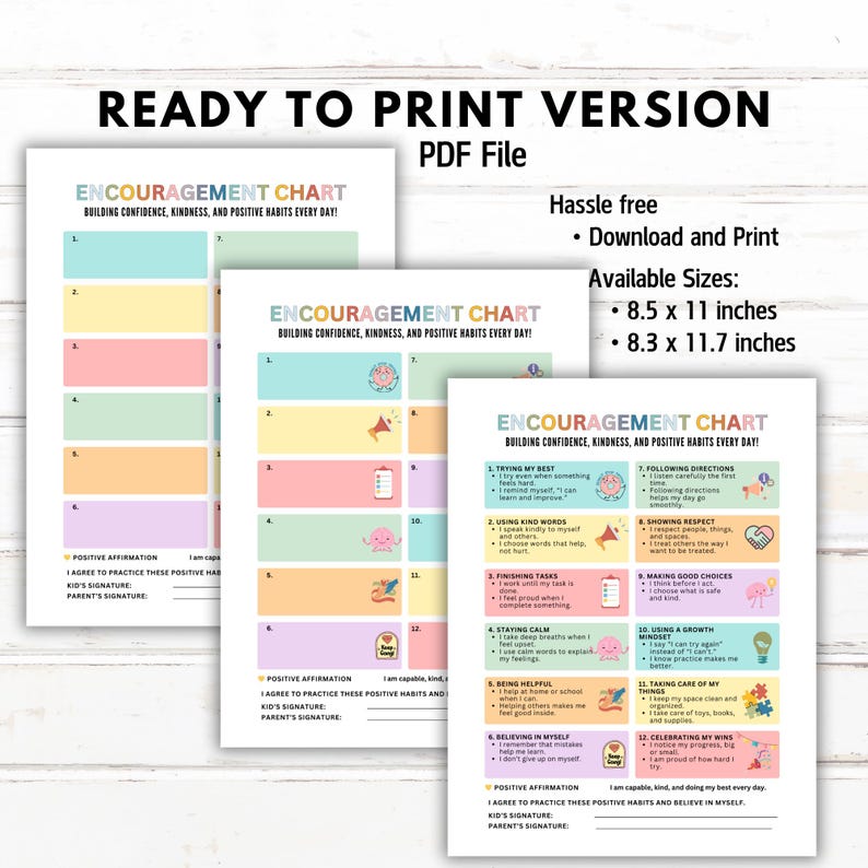 Encouragement Chart for Kids, Positive Affirmation & Motivation Chart ...