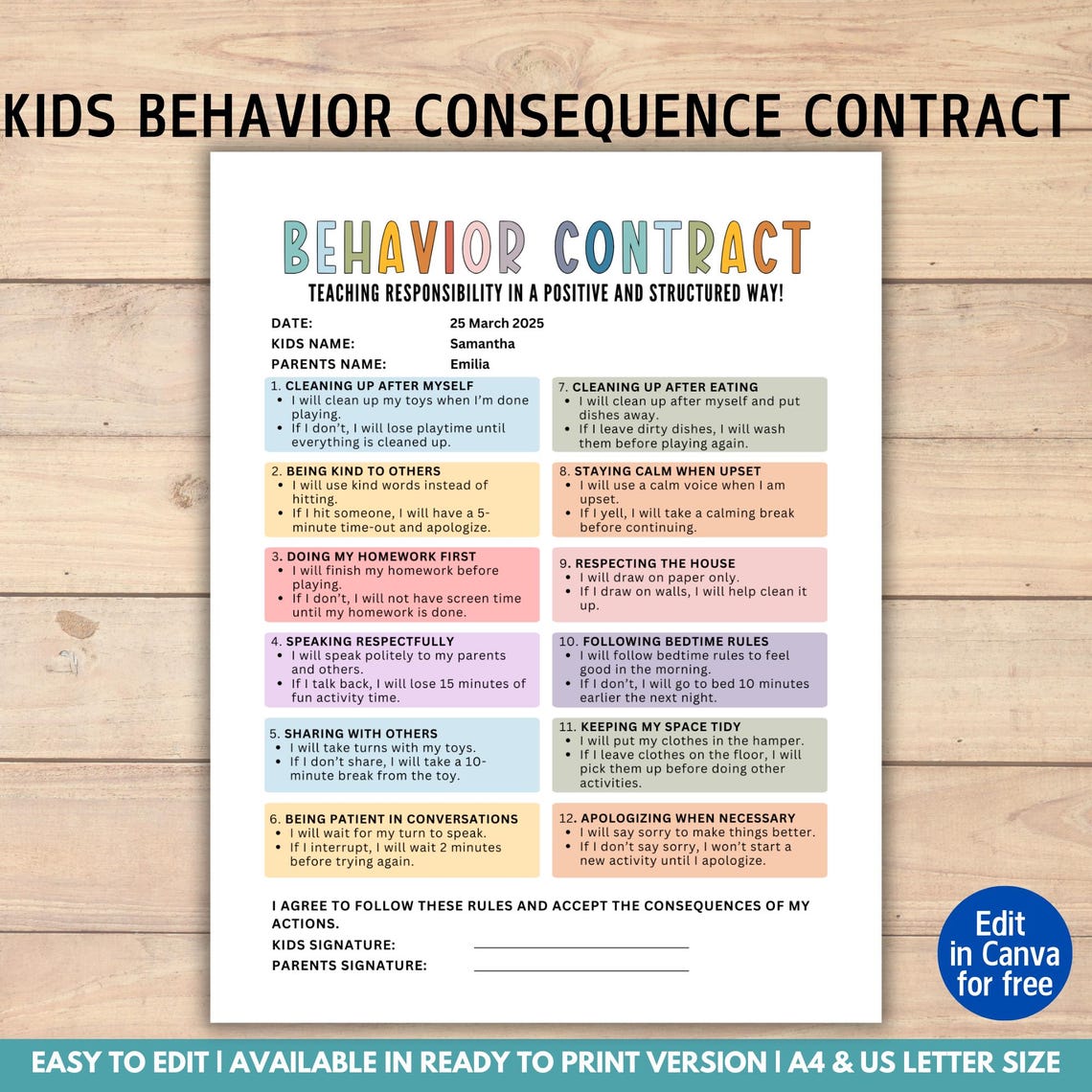 Behavior Contract for Kids, Kids Behavior Agreement, Kids Consequence ...