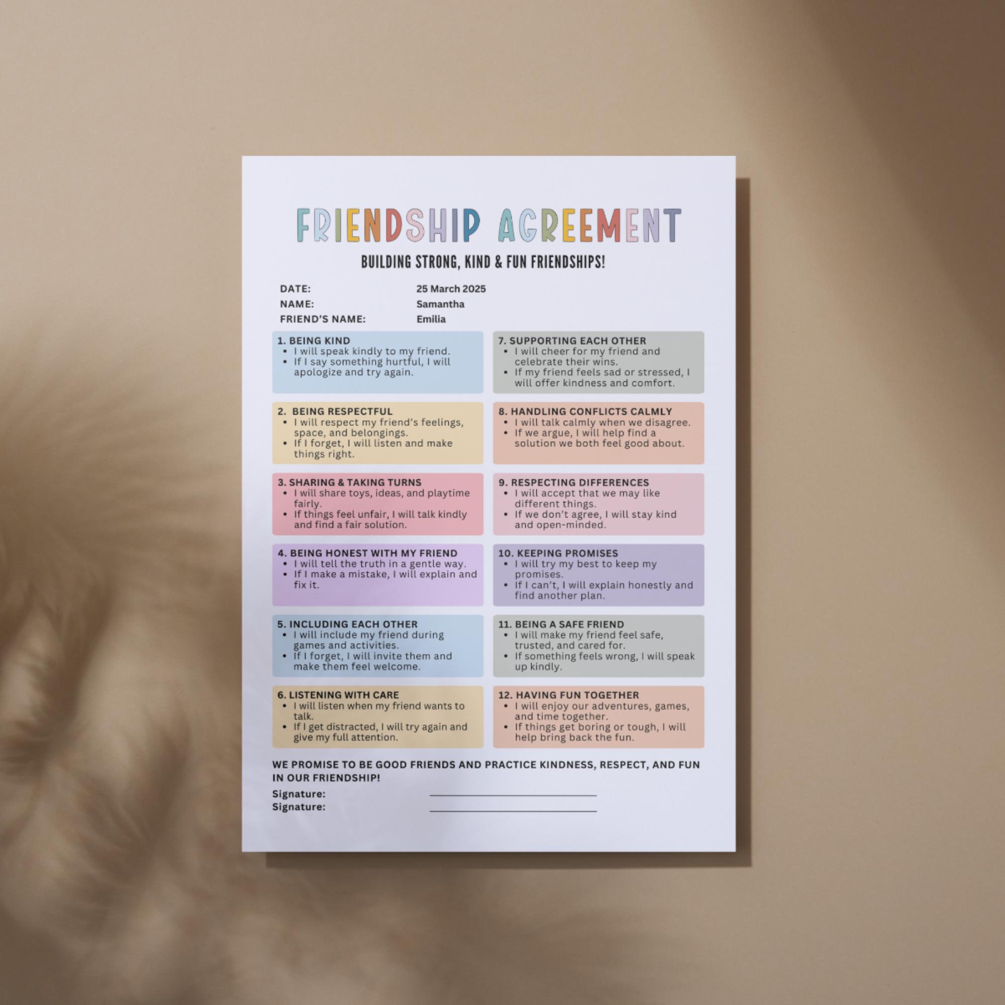 Editable Kids Friendship Promise, Friendship Agreement, Kids BFF ...