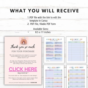May include: A digital template set including a thank you card and four assignment planning sheets. The text reads WHAT YOU WILL RECEIVE, 8.5 x 11 inches, Thank you so much, CLICK HERE, Assignment Checklist, Assignment List, Daily Assignment, and Weekly Assignment.