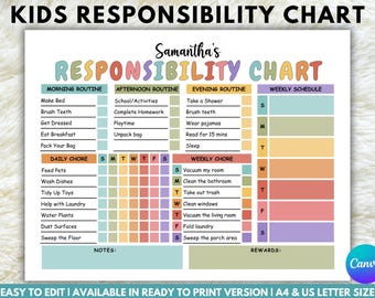 Tabla de tareas infantiles editable, registro de responsabilidades (descarga digital)