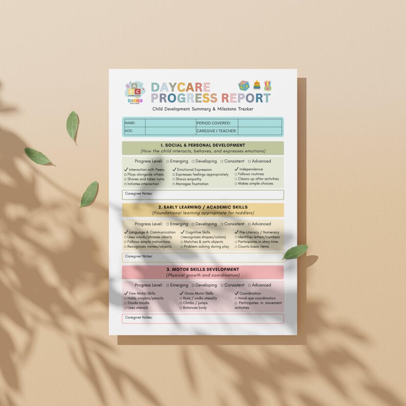 Progress Land Development Checkboxes Editable Progress Report for Daycare, Preschool Assessment, Daycare ...