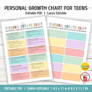 May include: Two printable personal growth charts for teens. The charts are titled "Personal Growth Chart" and include sections for setting goals, building habits, learning skills, and managing time. The charts are editable in PDF and Canva formats, with dimensions of 8.5 x 11 inches and 8.3 x 11.7 inches.