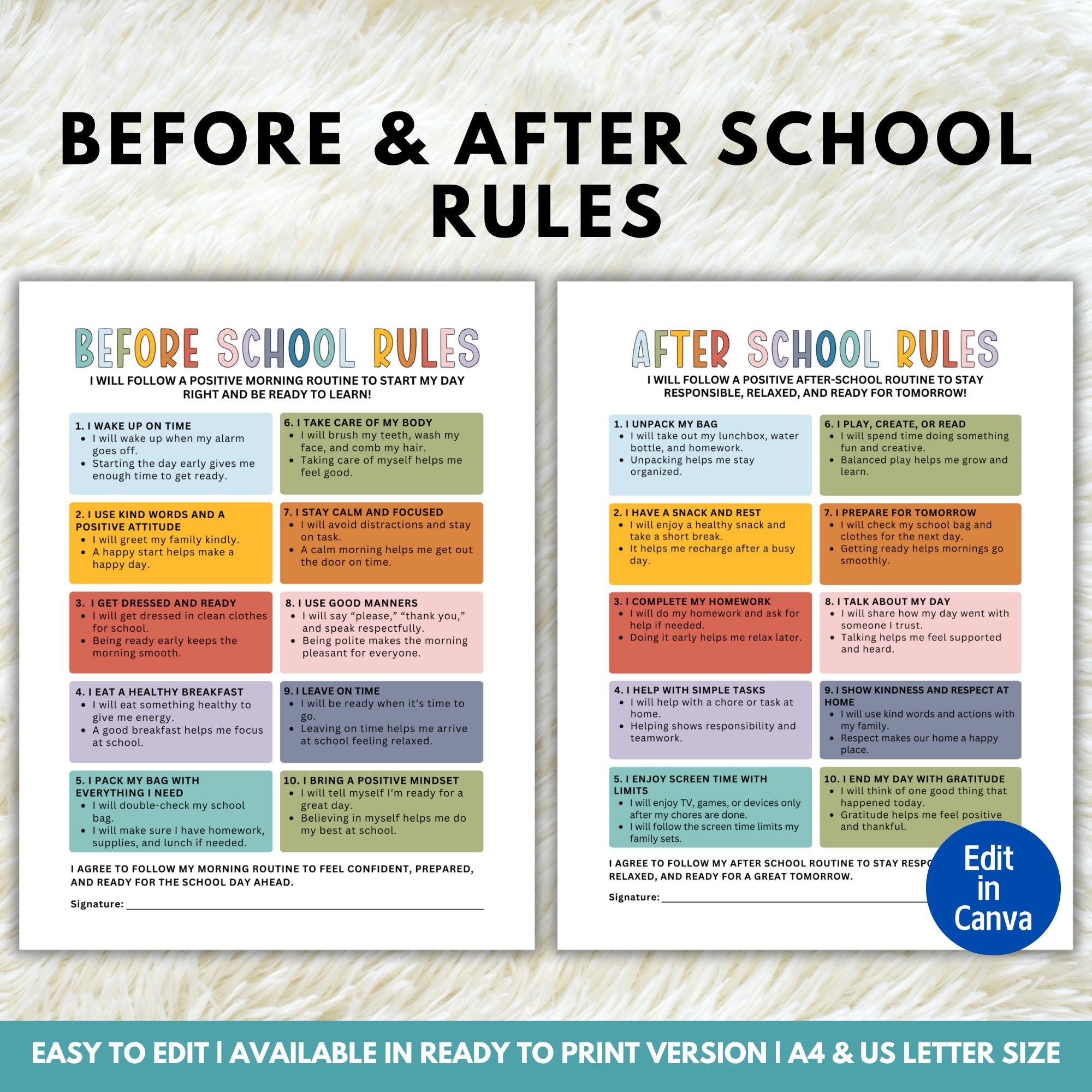 Kids School Day Schedule, Before School Checklist, After School Checklist, Before School Rules, After School Rules, School Day Routine Chart