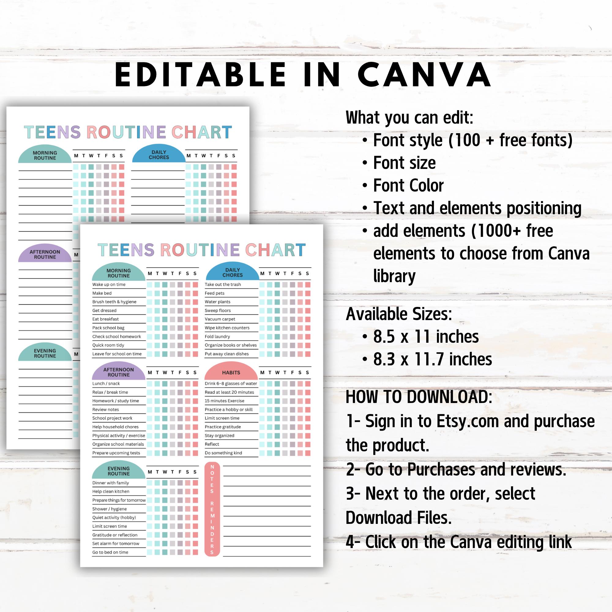 Editable Teens Routine Chart, Teen Daily Checklist, Teens Chore Chart ...