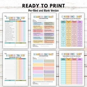 May include: A set of six printable behavior charts and contracts. The top of the image reads "READY TO PRINT" and "Pre-filled and Blank Version". The charts include a behavior tracker, a behavior contract, and a consequence chart, all with colorful pastel backgrounds.
