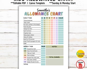 May include: A printable kids allowance chart with the title "KIDS ALLOWANCE CHART" at the top. The chart includes daily and weekly tasks, with spaces to track completion and value. The chart is fillable and editable, with dimensions of 8.5 x 11 inches and 8.3 x 11.7 inches.