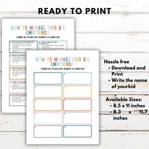 Może przedstawiać: Dwa arkusze do wydruku z tekstem "HOW TO MANAGE KIDS BIG EMOTIONS?" w kolorowych literach. Arkusze zawierają ponumerowane kroki i pola do wypełnienia. Tekst "READY TO PRINT" znajduje się na g&oacute;rze. Dostępne rozmiary: 21,6 x 27,9 cm i 21,1 x 29,7 cm.