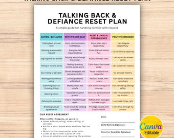 Editable Back Talk & Defiance Reset Plan, Teen Behavior Consequence Chart, Positive Discipline Chart, Parent-Teen Communication, Canva
