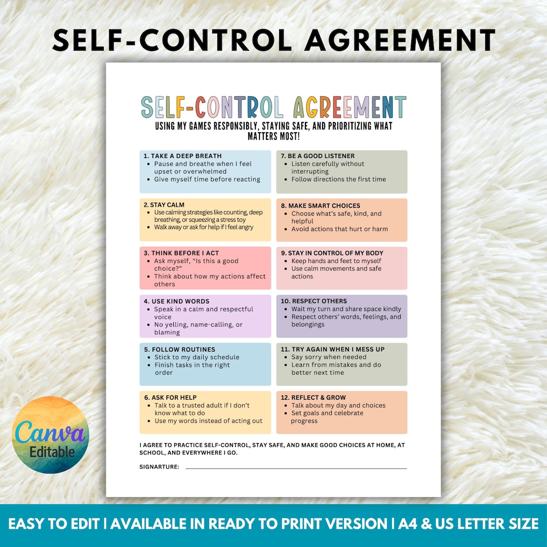Editable Kids Self-control Agreement: Emotional Regulation Chart ...
