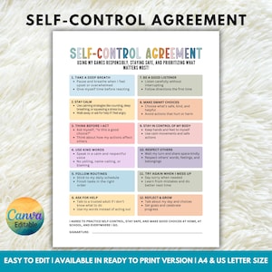 May include: A printable self-control agreement with a white background and colorful sections. The document lists 12 steps for managing emotions and making good choices, with the Canva logo in the corner. Available in A4 & US Letter size.