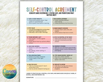 Editable Kids Self-Control Agreement: Emotional Regulation Chart (Digital Download)