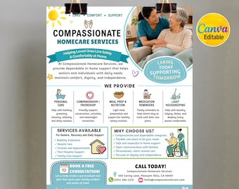 Editable Homecare Services Flyer, Caregiver Flyer, Elderly Care Flyer, Home Care Marketing, Senior Care Flyer, Canva Template