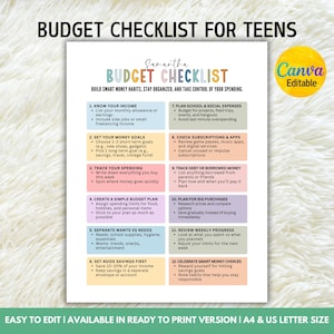 Könnte beinhalten: Eine druckbare Budget-Checkliste für Teenager mit farbenfrohem Design. Sie enthält Abschnitte für Einkommen, Ziele, Ausgaben und Ersparnisse. Der Text "Budget Checklist" und "Canva Editable" ist enthalten.