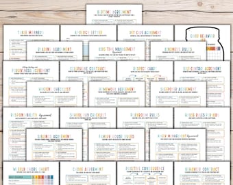 May include: A bundle of printable kids' charts with various agreements and checklists. Includes charts for bedtime, table manners, reading, chores, and more. The charts are in a variety of colors and have text that is easy to read.