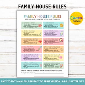 May include: A printable "Family House Rules" poster with colorful illustrations and text. The poster includes rules for respect, cleanliness, kindness, and responsibility. The Canva-editable design is available in A4 and US Letter sizes.