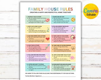 Bearbeitbare Familienhausregeln für Kinder, Haushaltsregeln, Familienregeln und -werte, Familienverhaltensmanagement, Diagramm zur Familienverantwortung