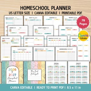 May include: Homeschool planner with various templates, including daily, weekly, and monthly schedules, exam time tables, and reading trackers. The planner is US Letter size, Canva editable, and a printable PDF. It includes a 2026-2027 calendar and is 8.5 x 11 inches.
