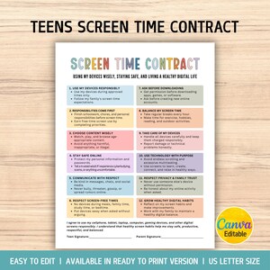 Puede incluir: Un documento imprimible de contrato de tiempo de pantalla para adolescentes que presenta doce reglas numeradas para el uso de dispositivos digitales. El texto está organizado en cajas de colores pastel con encabezados y líneas de firma en la parte inferior.