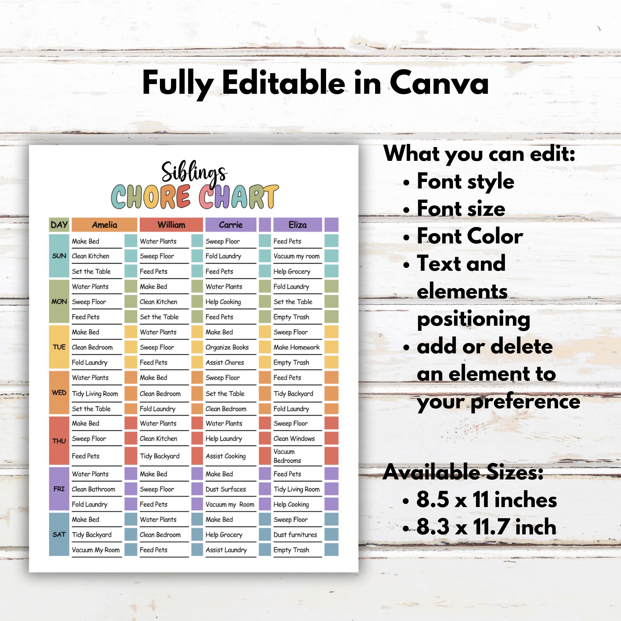 Editable Kids Chore Chart, Multiple Siblings, Printable (canva Template ...