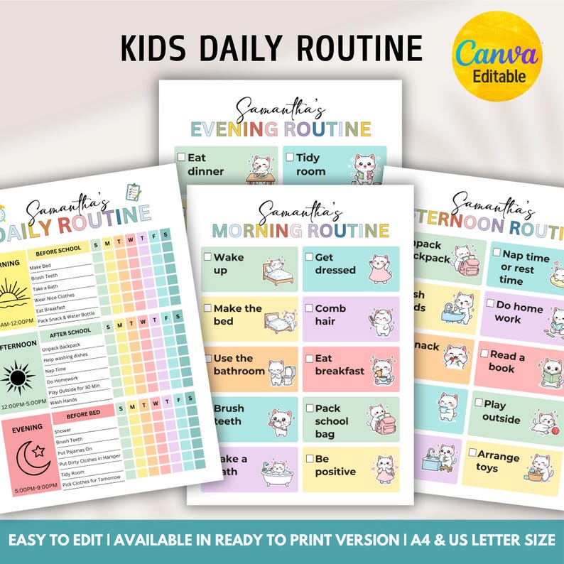 Editable Daily Checklist for Kids, Kids Routine Chart, School Day ...