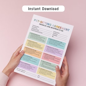 May include: A pet-sitting agreement form with the text "Instant Download" at the top. The document includes sections for pet owner and sitter details, care responsibilities, and emergency contacts. The document is held by a person.