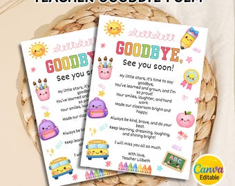 Carta editable de fin de año escolar para estudiantes, nota del último día de clases, regalo de maestro para niños, tarjeta de maestro para niños, regalo de fin de año, Canva