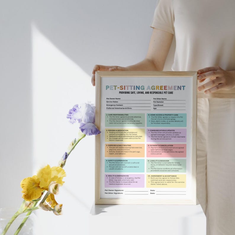 May include: A framed "Pet-Sitting Agreement" with text in various colors, held by a person. The agreement includes sections for pet owner information, care responsibilities, and health emergencies. A bouquet of yellow and purple flowers is in the foreground.