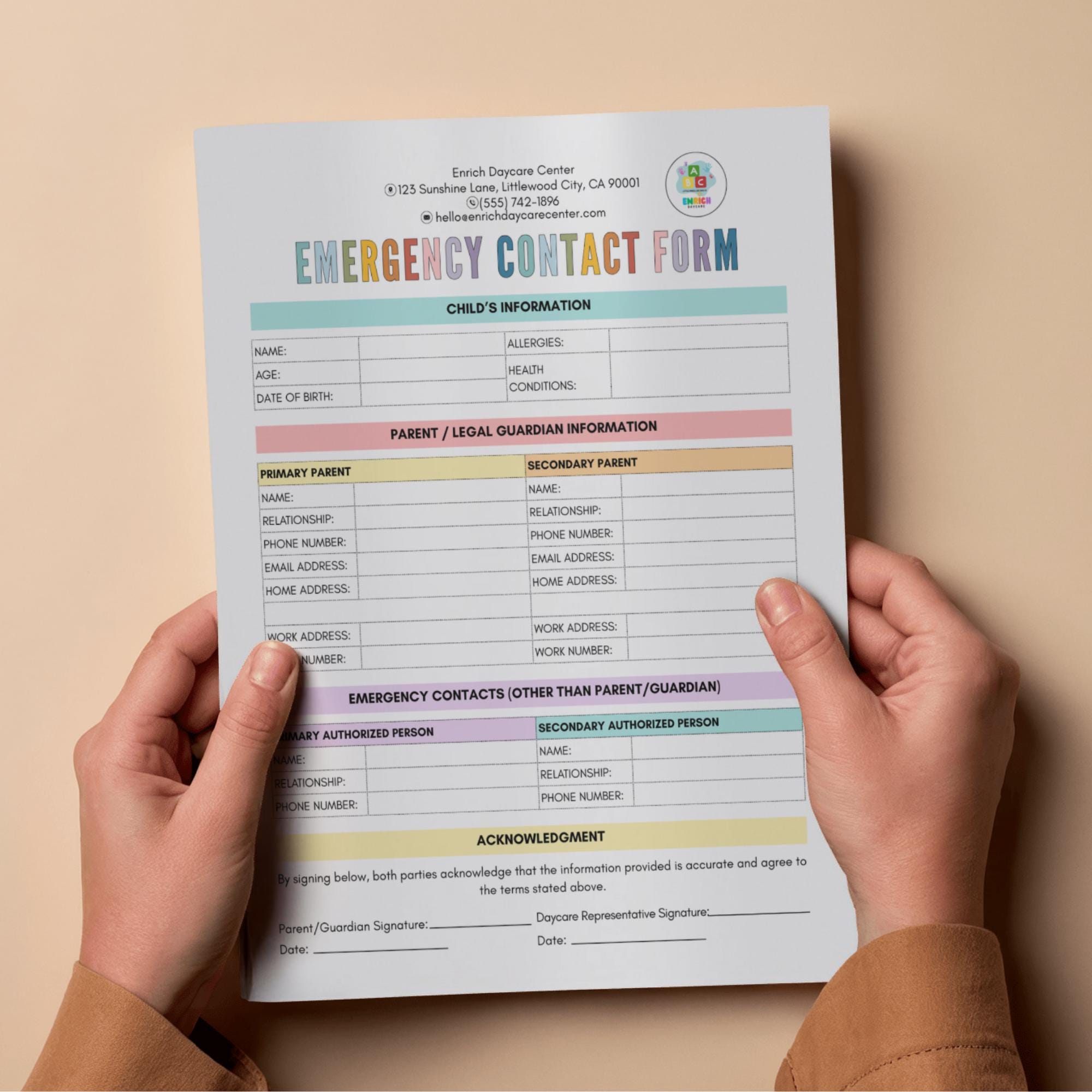 Editable Emergency Contact Form for Daycare, Emergency Information ...